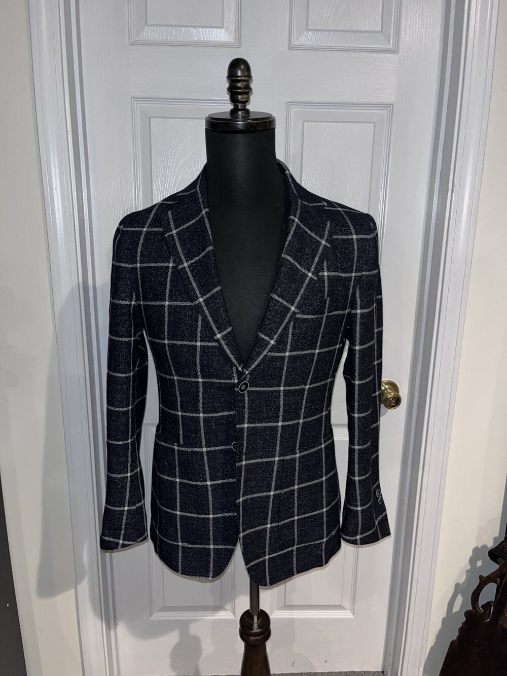 Gaetano Aiello 36R Navy Blue Windowpane Sportcoat Blazer Jacket Made In Italy